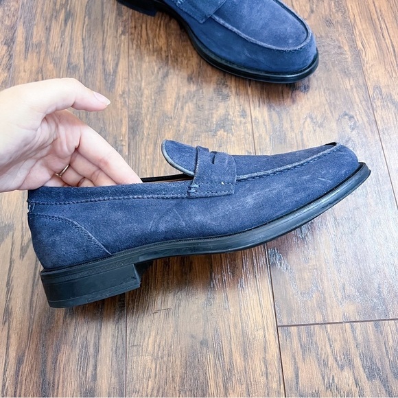 Aquatalia • Neil Loafer slip on weatherproof navy blue suede leather penny